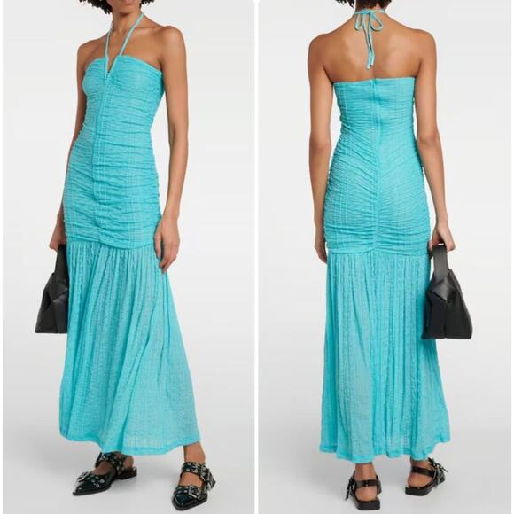 GANNI Ruched Stretch Lace Halter Maxi Dress - 8 Blue - Picture 1 of 3